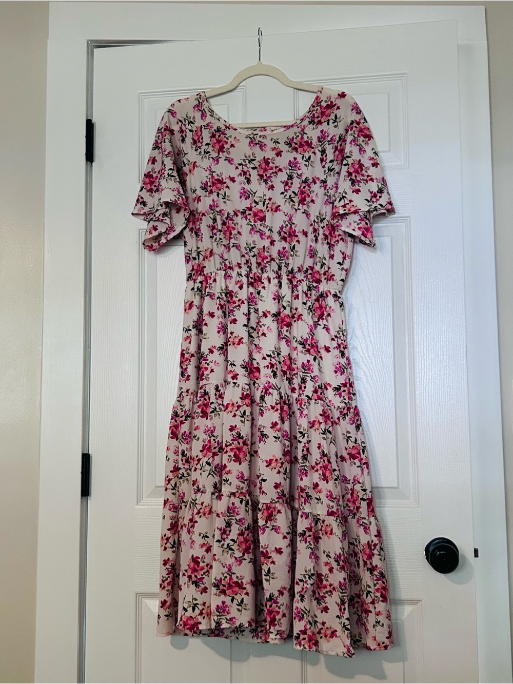 Pink Floral Tiered Midi Dress with Flutter Sleeves
